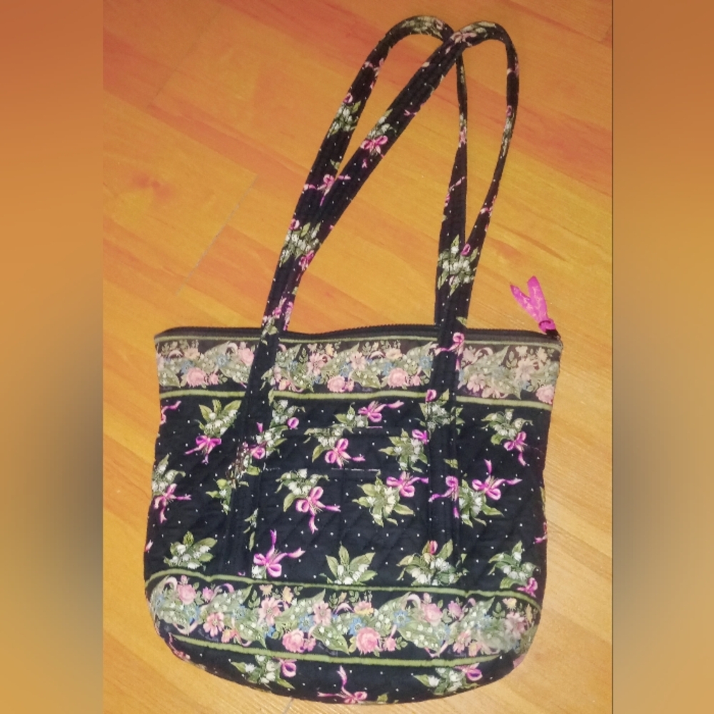 Vera Bradley Large Purse and wallet Pink Flowers and Bows on Black 25in x 12in